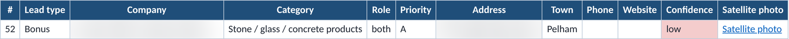 One row from the Bonus leads sheet of the Shelby County pack, marked Bonus with low confidence. Business details blurred.