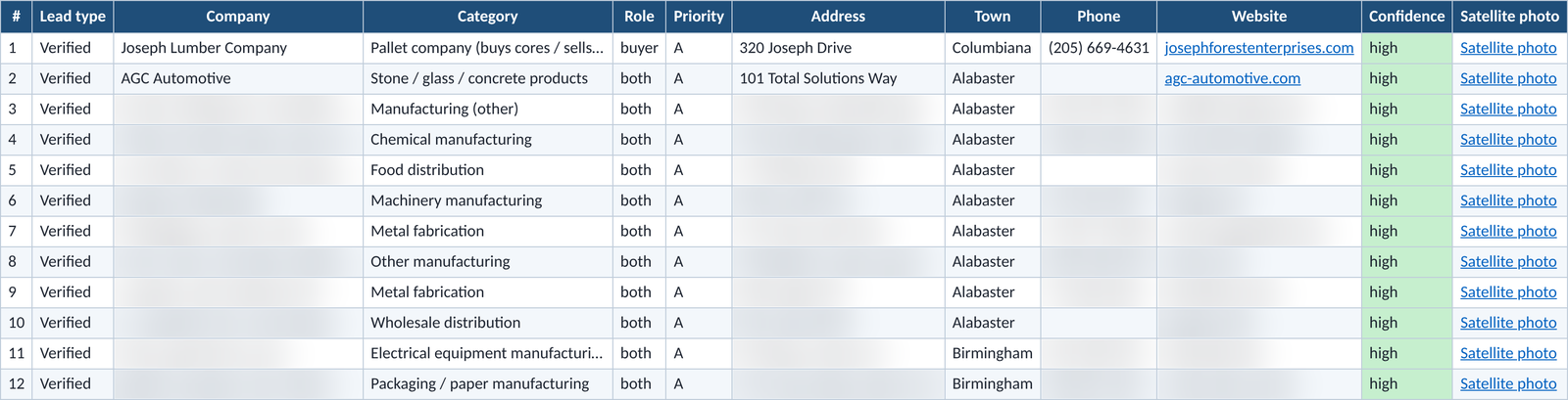 Leads sheet from the real Shelby County pack, top 12 rows. Business name, address, phone and website are blurred after row 2; town, role and confidence stay visible.